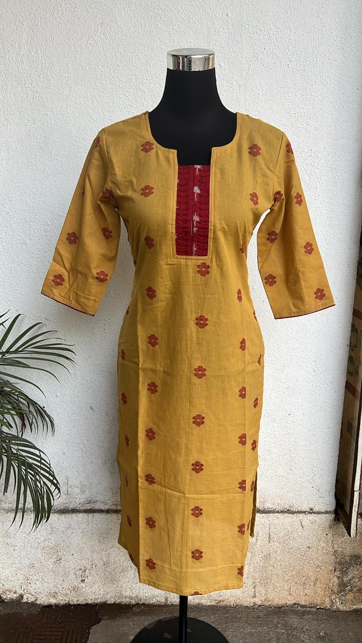Women’s Mustard yellow Cotton Printed Straight Kurtis