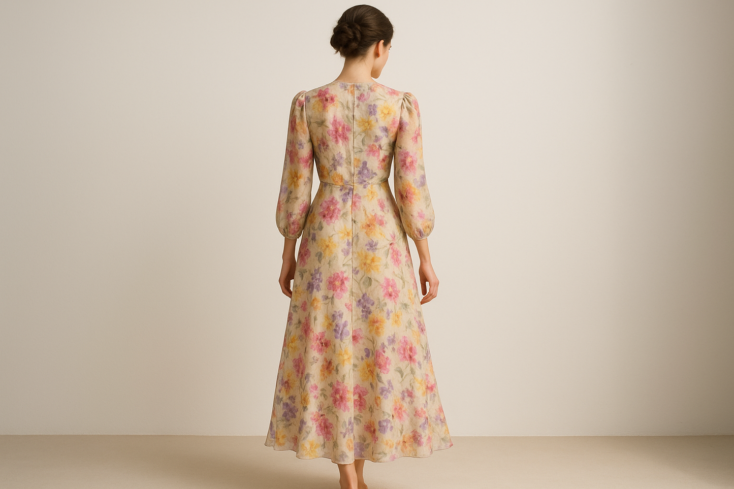 give the backend side of the model wearing long  one piece floral colored one