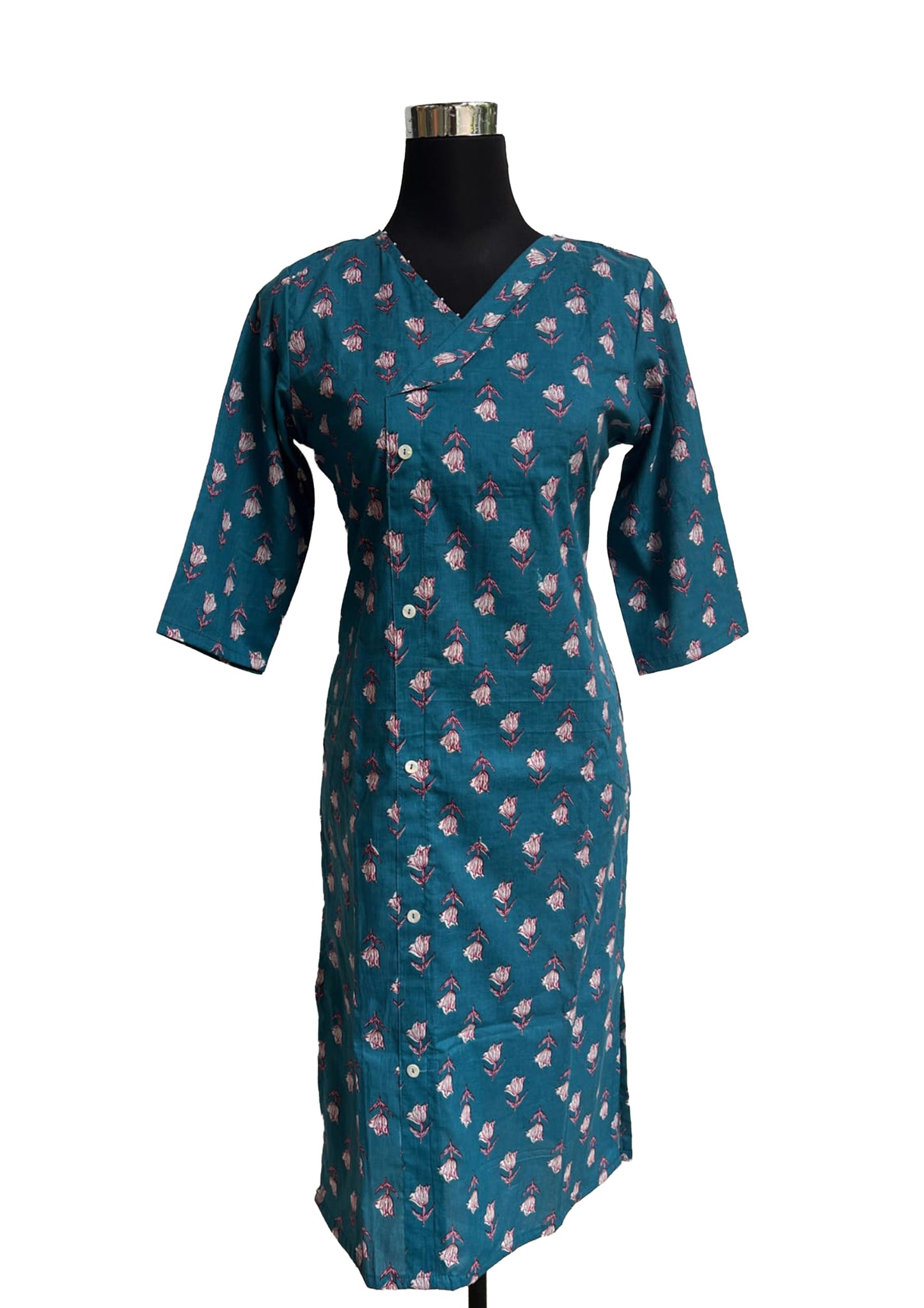 Women’s Teal Blue Floral Printed Straight Kurti with Button Placket