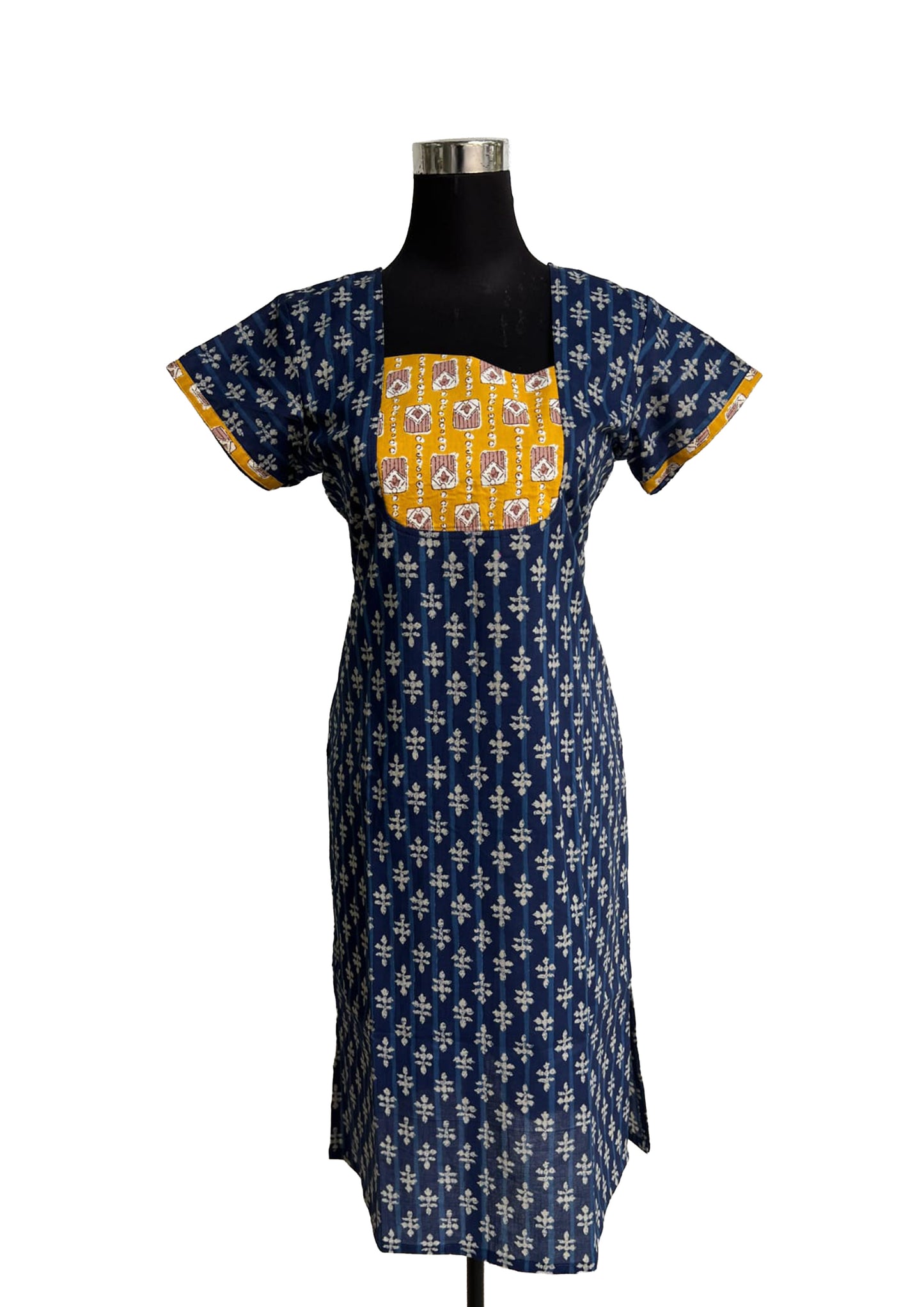 Women’s Navy Blue Cotton Printed Straight Kurti with Contrast Yoke
