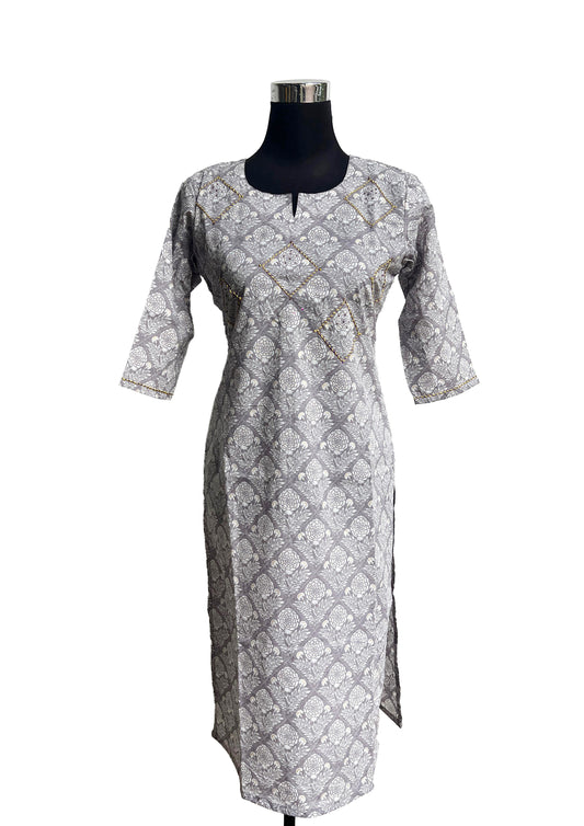 Women’s Grey Motif Printed Straight Kurti
