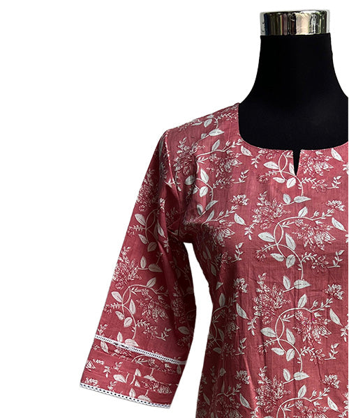 Women’s Floral Printed Straight Kurti with Contrast V-Neck & Sleeve Borders