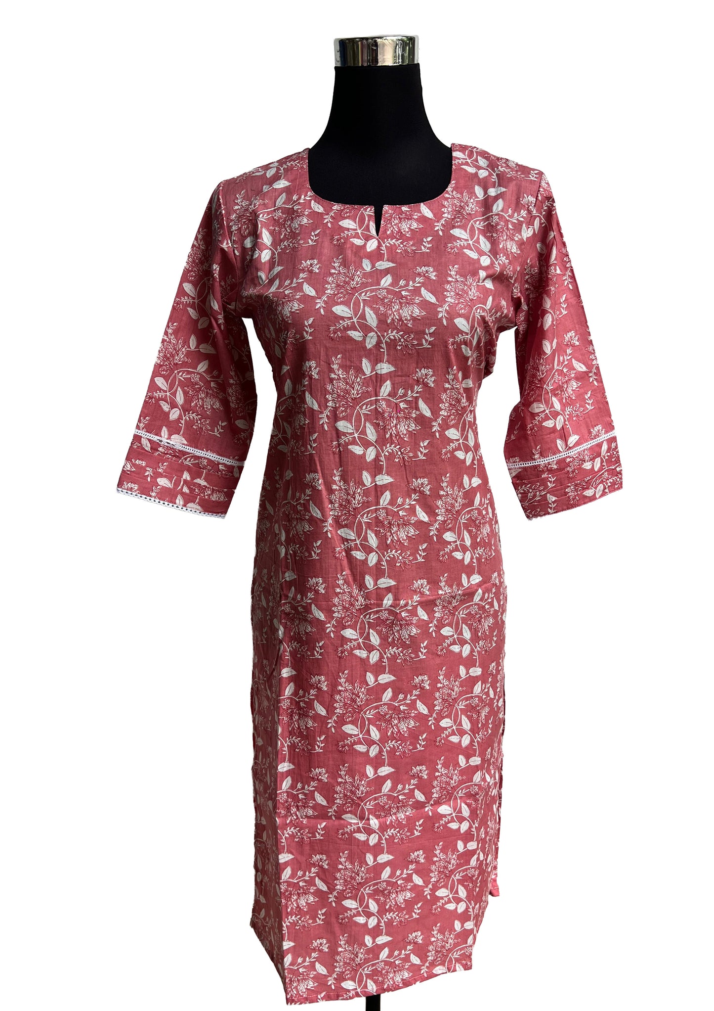 Women’s Floral Printed Straight Kurti with Contrast V-Neck & Sleeve Borders