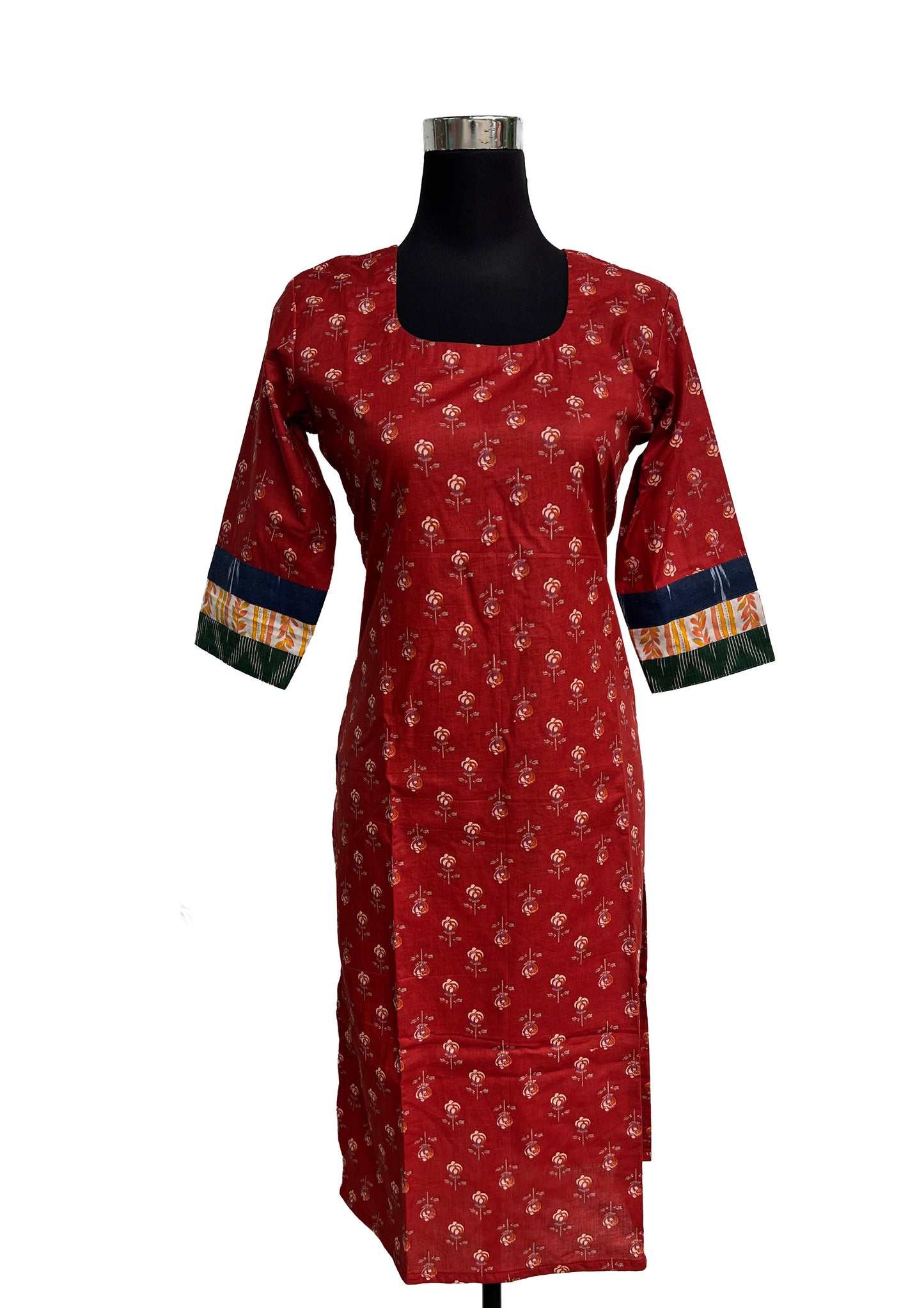 Women’s rust orange with floral Motif Printed Straight Kurti with Contrast Sleeve Border