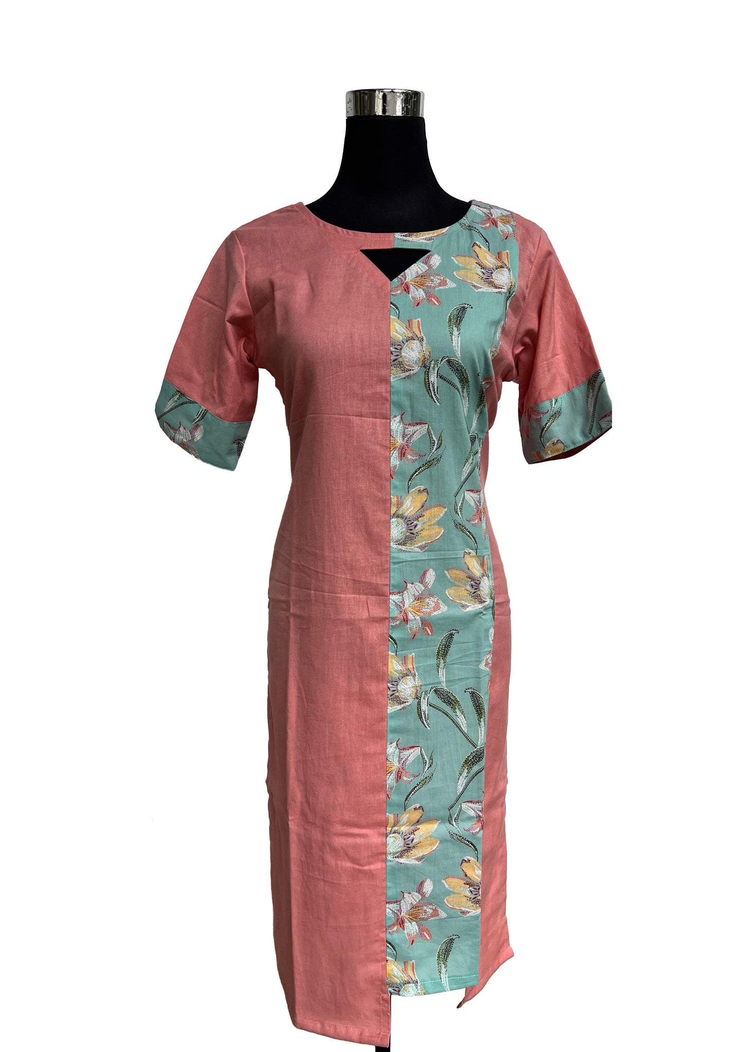 Women’s Peach & Aqua Floral Panel Straight Kurti