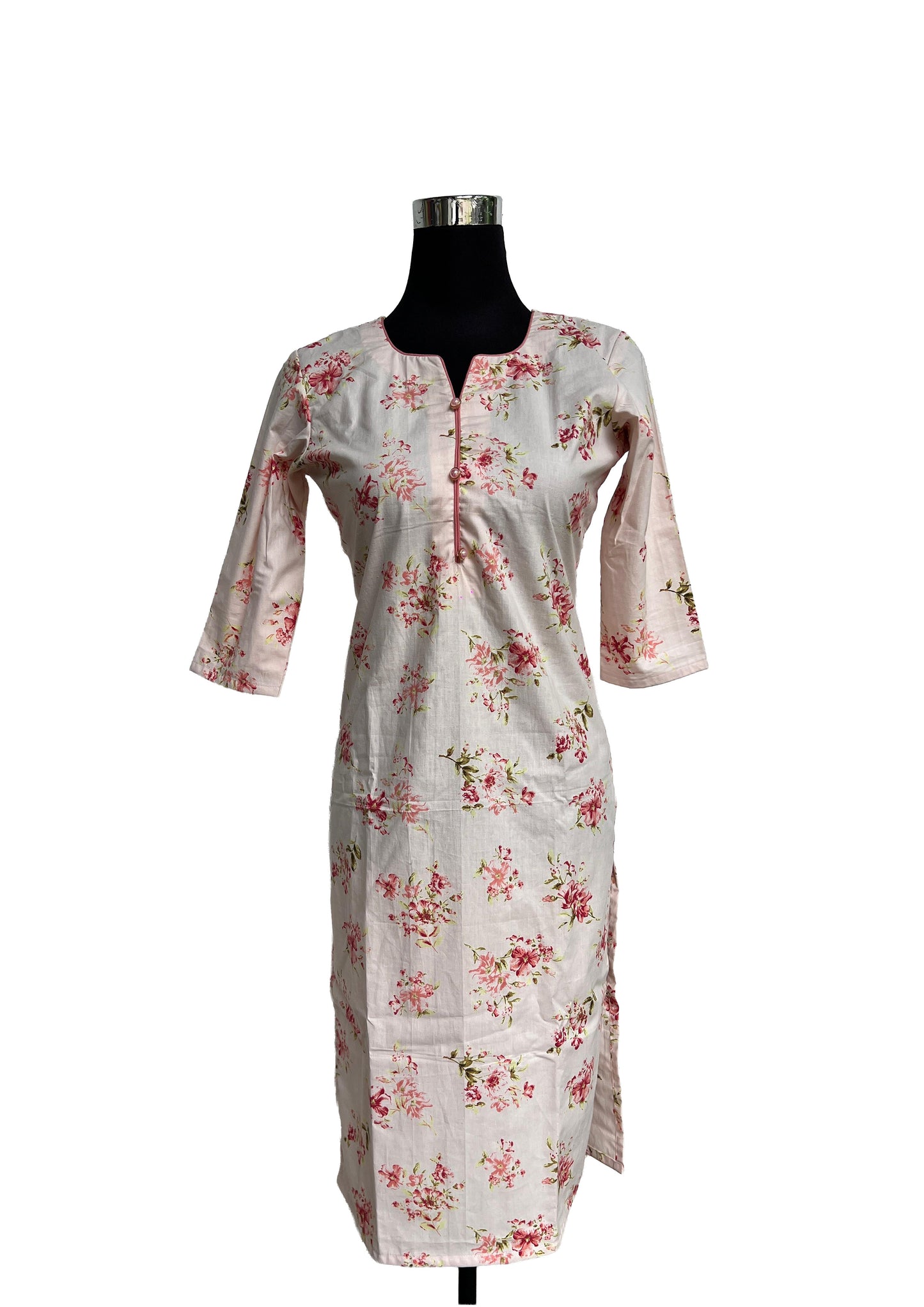 Women’s pink Floral Print Straight Cotton Kurti