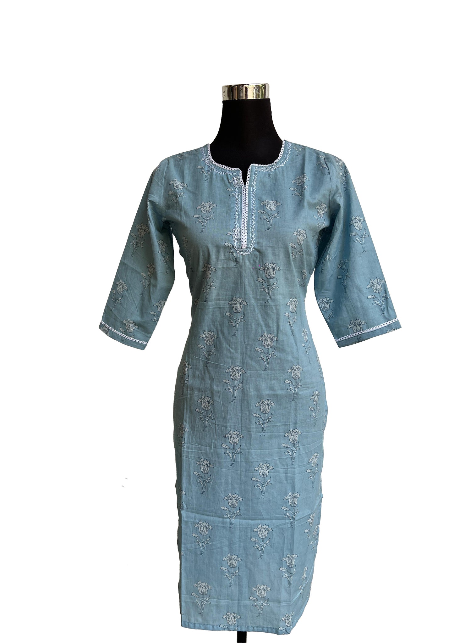 Women’s Sky Blue Floral Printed Straight Kurti with Embroidered Neckline