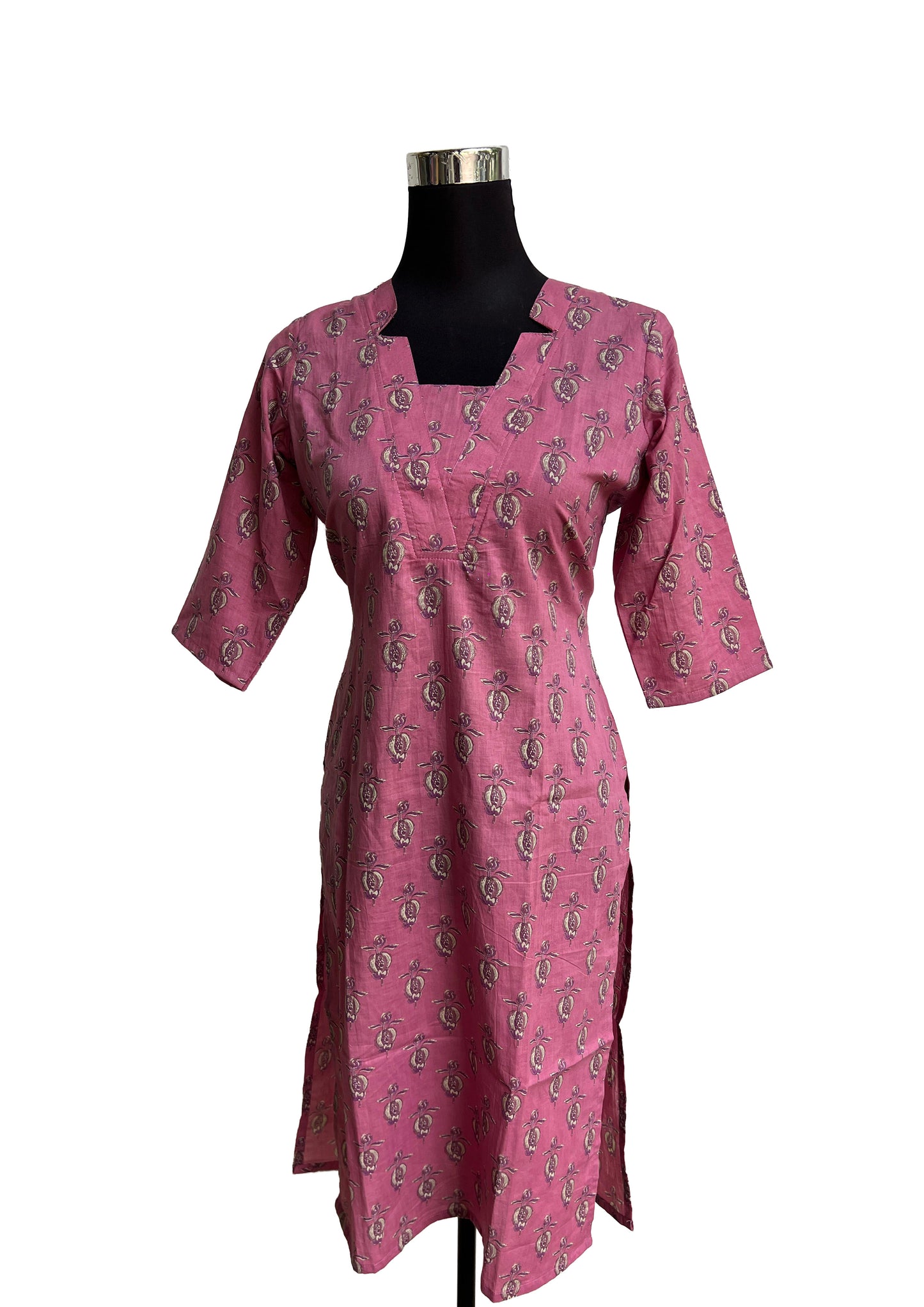 Women’s Rose Pink Ethnic Motif Straight Cotton Kurti