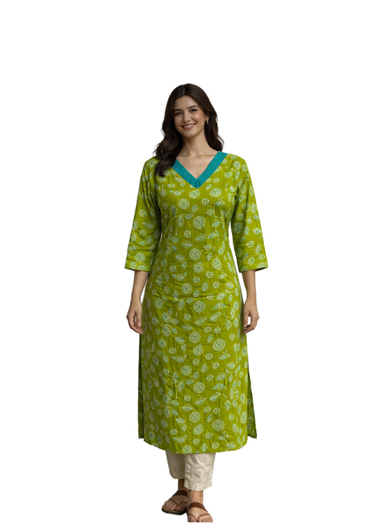 Women’s Green Floral Printed Straight Kurti with Contrast V-Neck