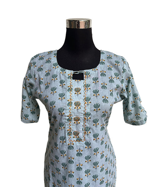 Women’s Light Blue Floral Printed Straight Kurti