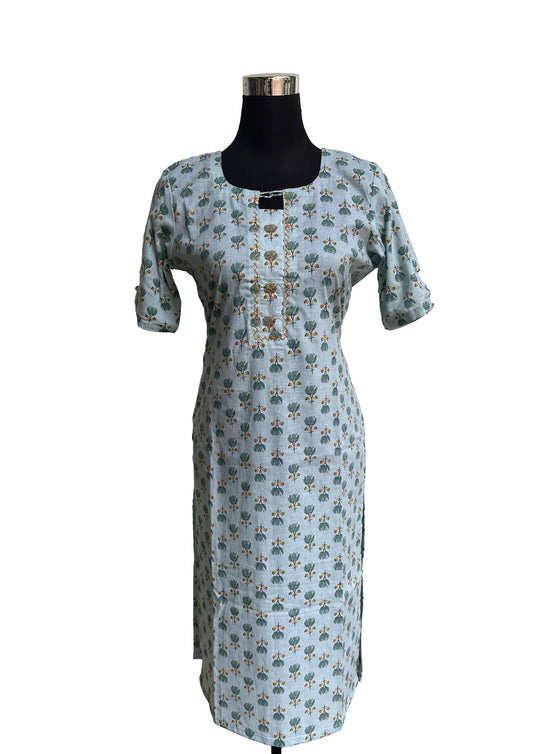 Women’s Light Blue Floral Printed Straight Kurti