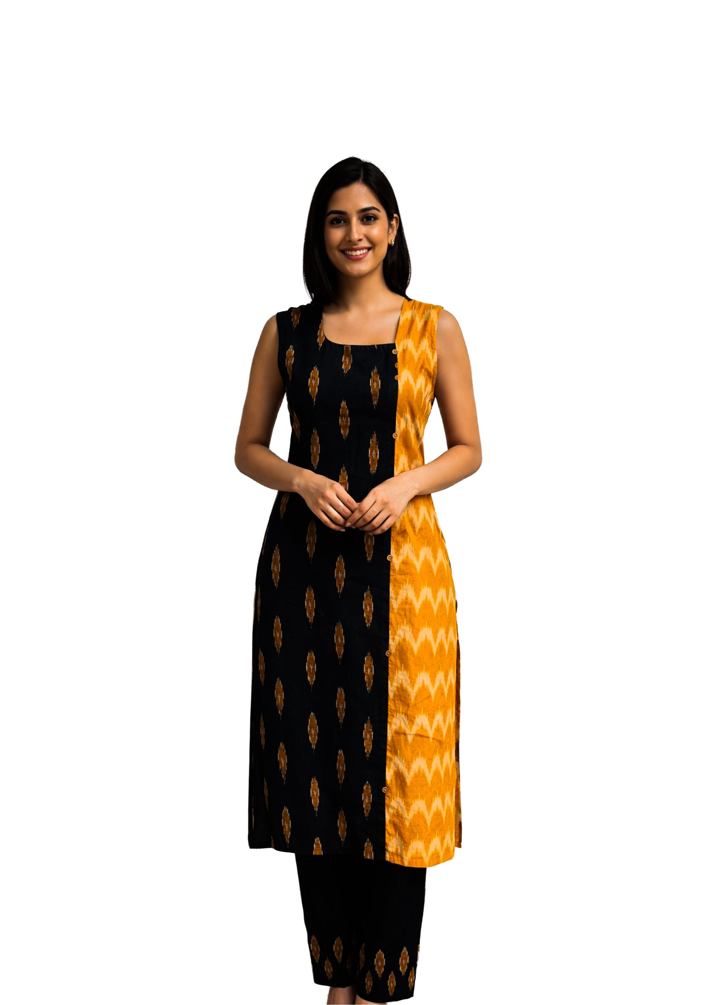 Women’s Black & Mustard Pure Ikkat cotton Straight Kurti with Sleeveless Design