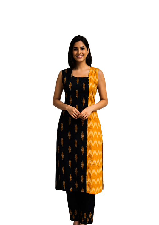 Women’s Black & Mustard Pure Ikkat cotton Straight Kurti with Sleeveless Design
