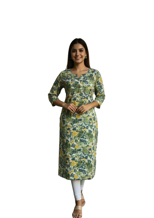 Women’s Green & Yellow Floral Printed Straight Kurti with Three Quarter Sleeves