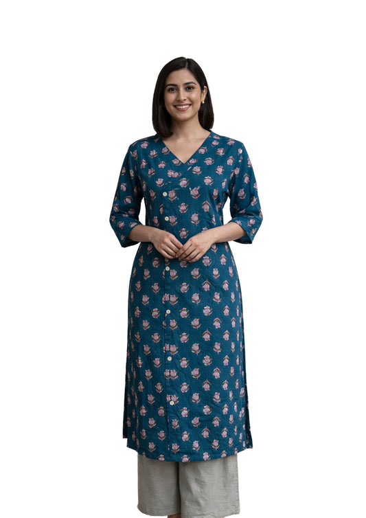 Women’s Teal Blue Floral Printed Straight Kurti with Button Placket