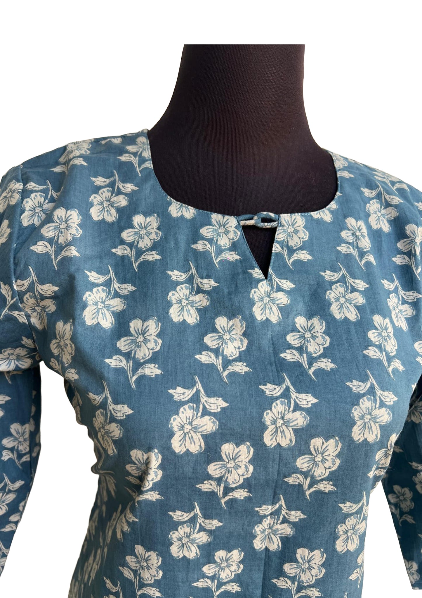 Women’s Teal Blue Floral Printed Straight Kurti with Three Quarter Sleeves