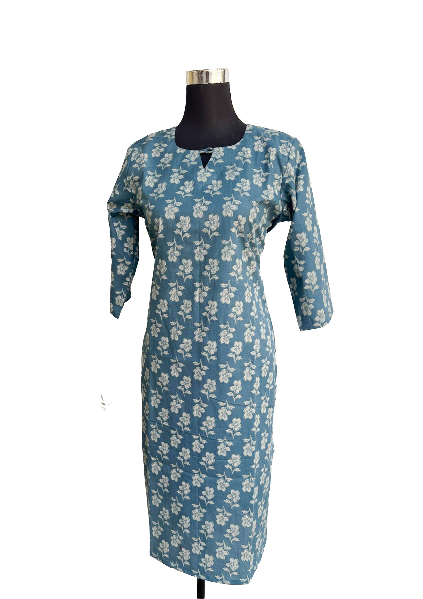 Women’s Teal Blue Floral Printed Straight Kurti with Three Quarter Sleeves