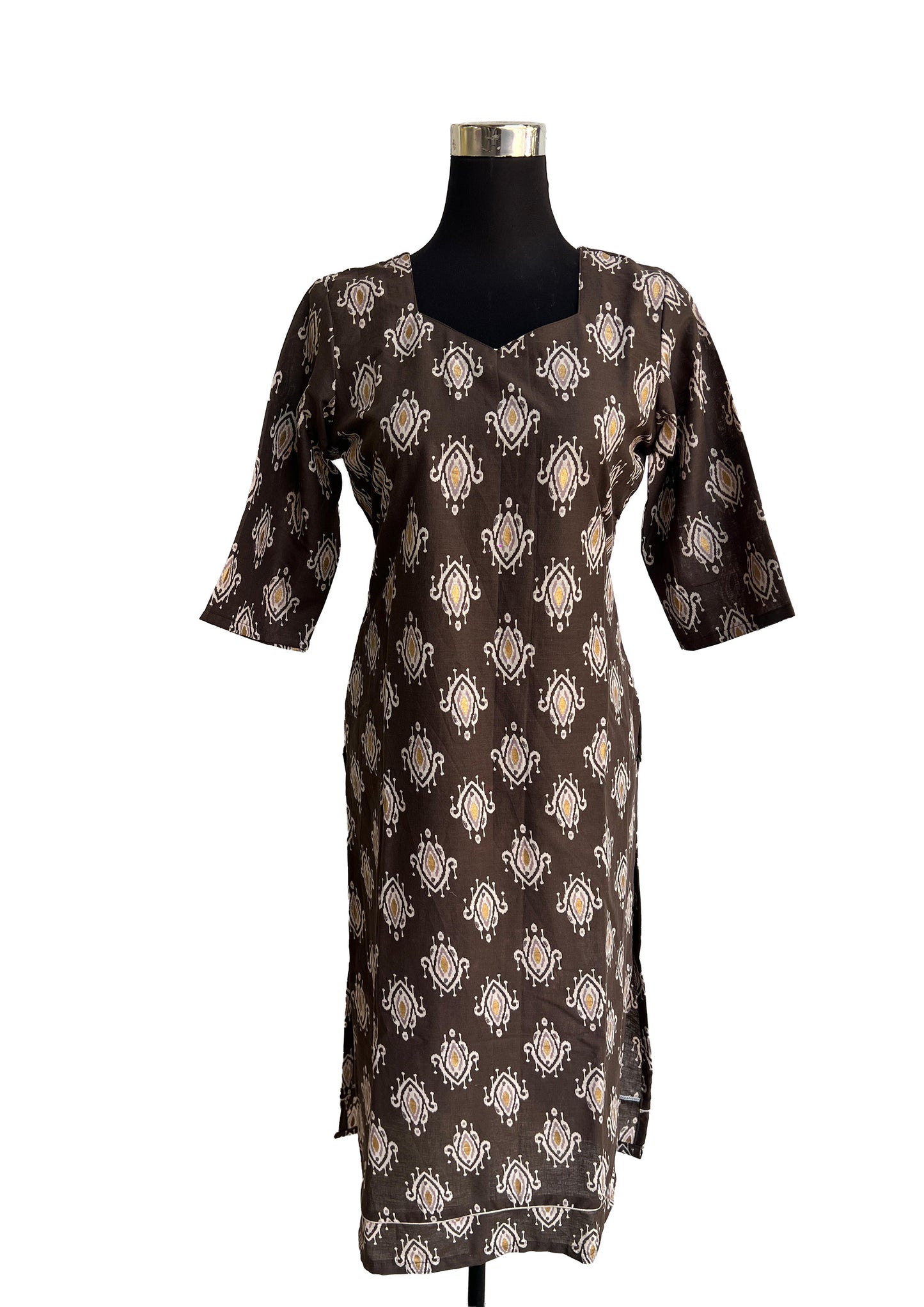 Women’s Brown Printed Straight Kurti with V-Neck