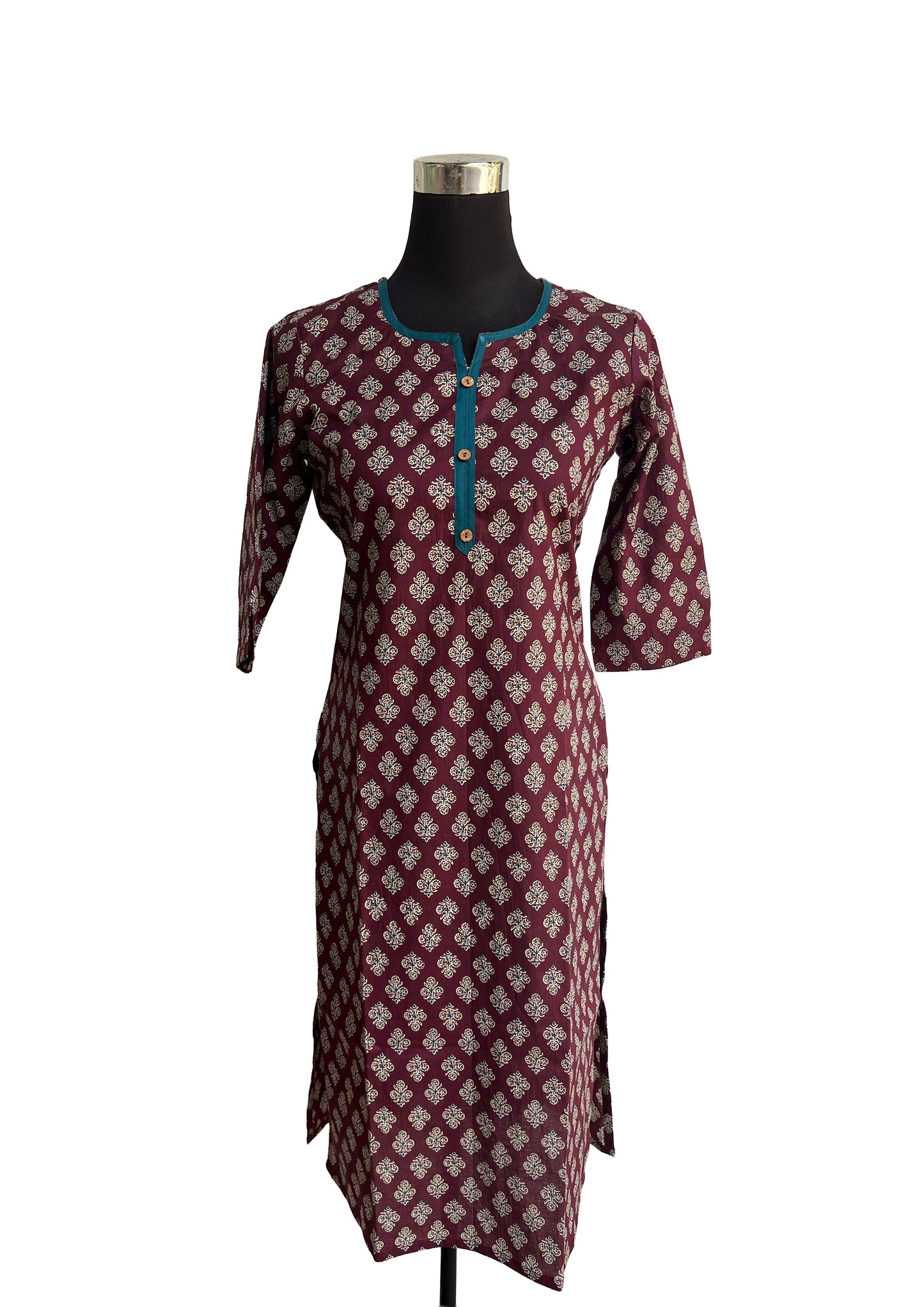 Women’s wine colour floral Motif Straight Cotton Kurti with Contrast Placket