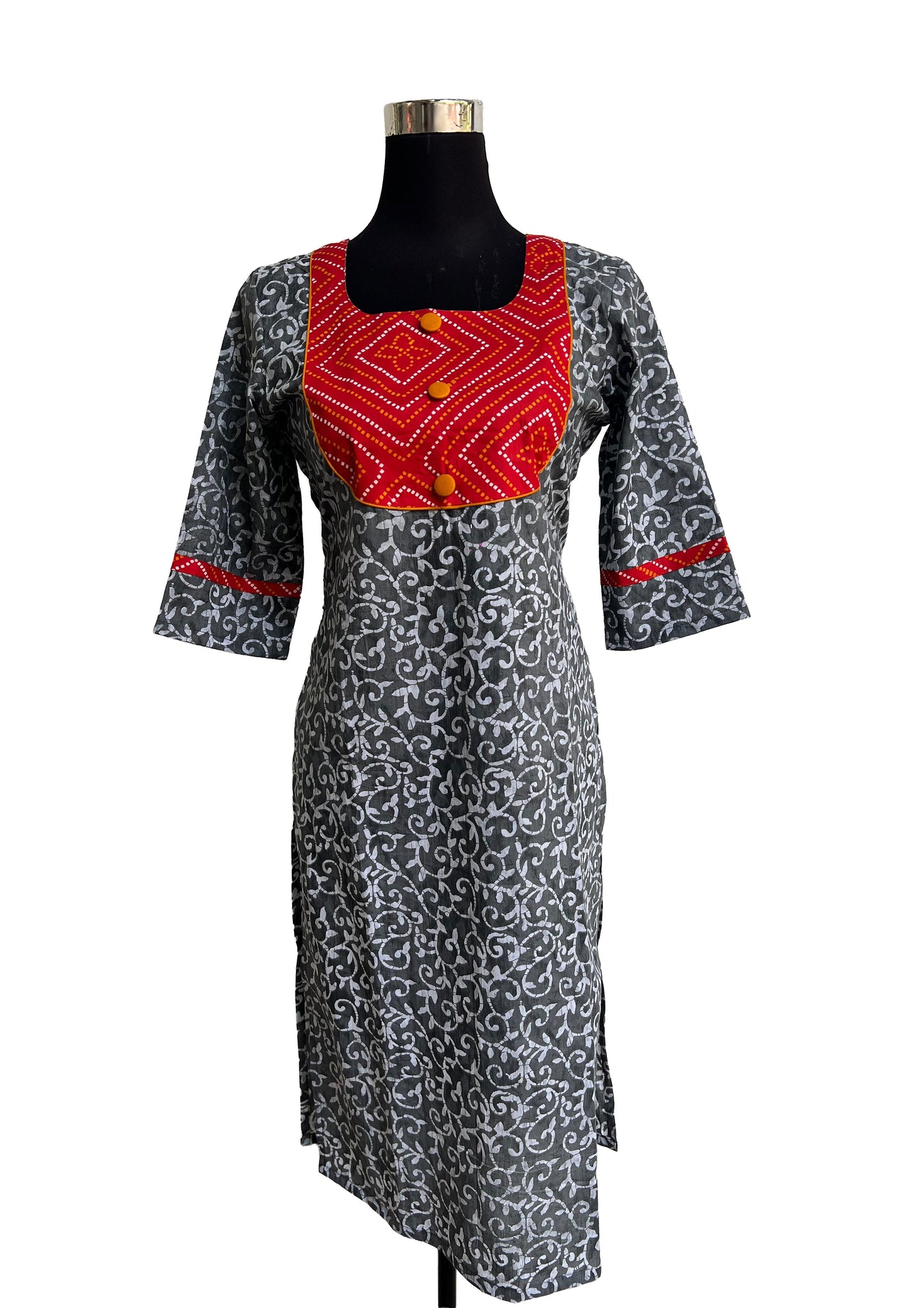 Women’s Grey Printed Straight Kurti with Red Contrast Yoke