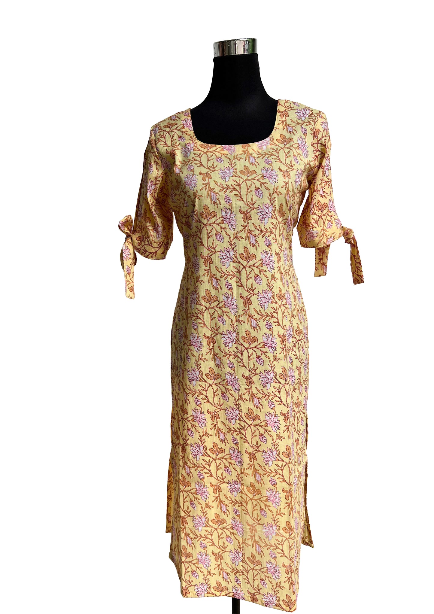Women Floral Printed Straight Kurti | Square Neck | 3/4 Sleeve Tie-Up | Comfortable Daily & Office Wear