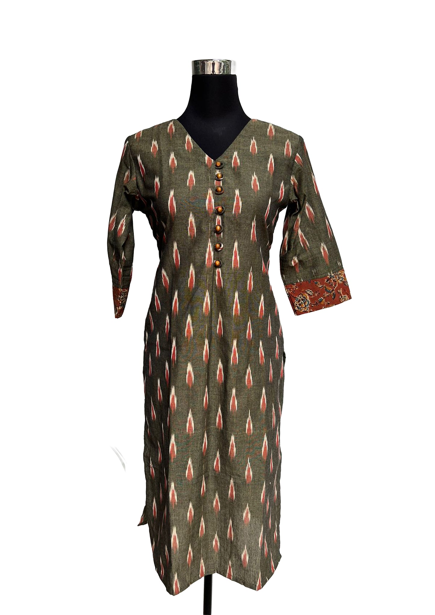 Women’s Olive Grey  Ikat Print Straight Kurti with Wooden Buttons