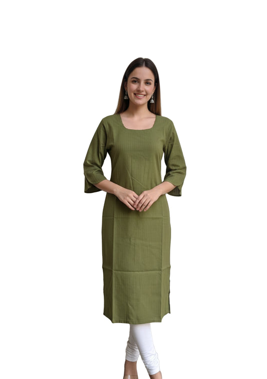 Women’s Olive Green Solid Straight Cotton Kurti