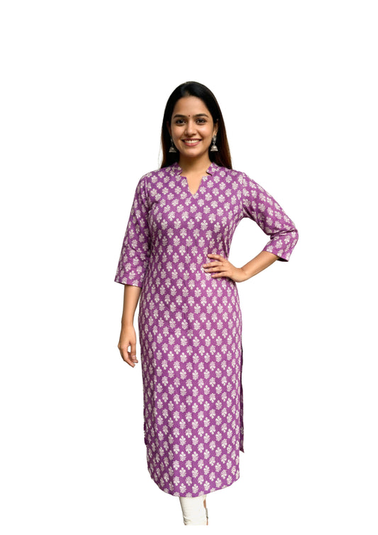 Women’s Purple Cotton Printed Straight Kurti