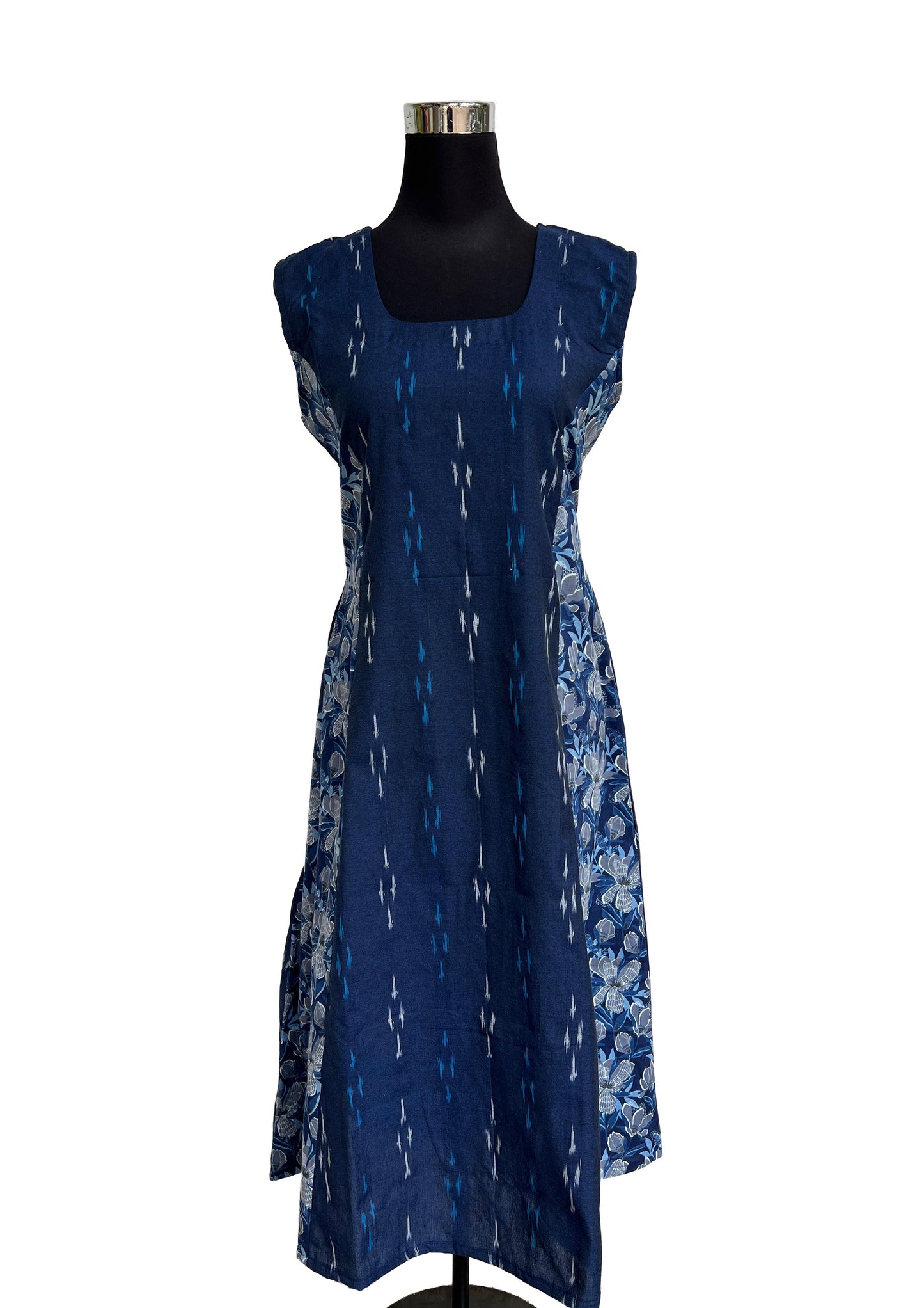 Women's Navy-Blue Cotton Ikat & Floral Print Sleeveless A-Line Kurti