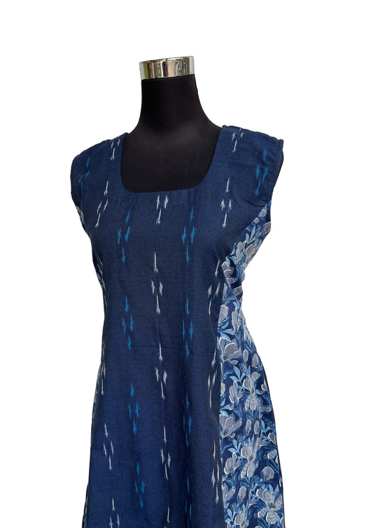 Women's Navy-Blue Cotton Ikat & Floral Print Sleeveless A-Line Kurti