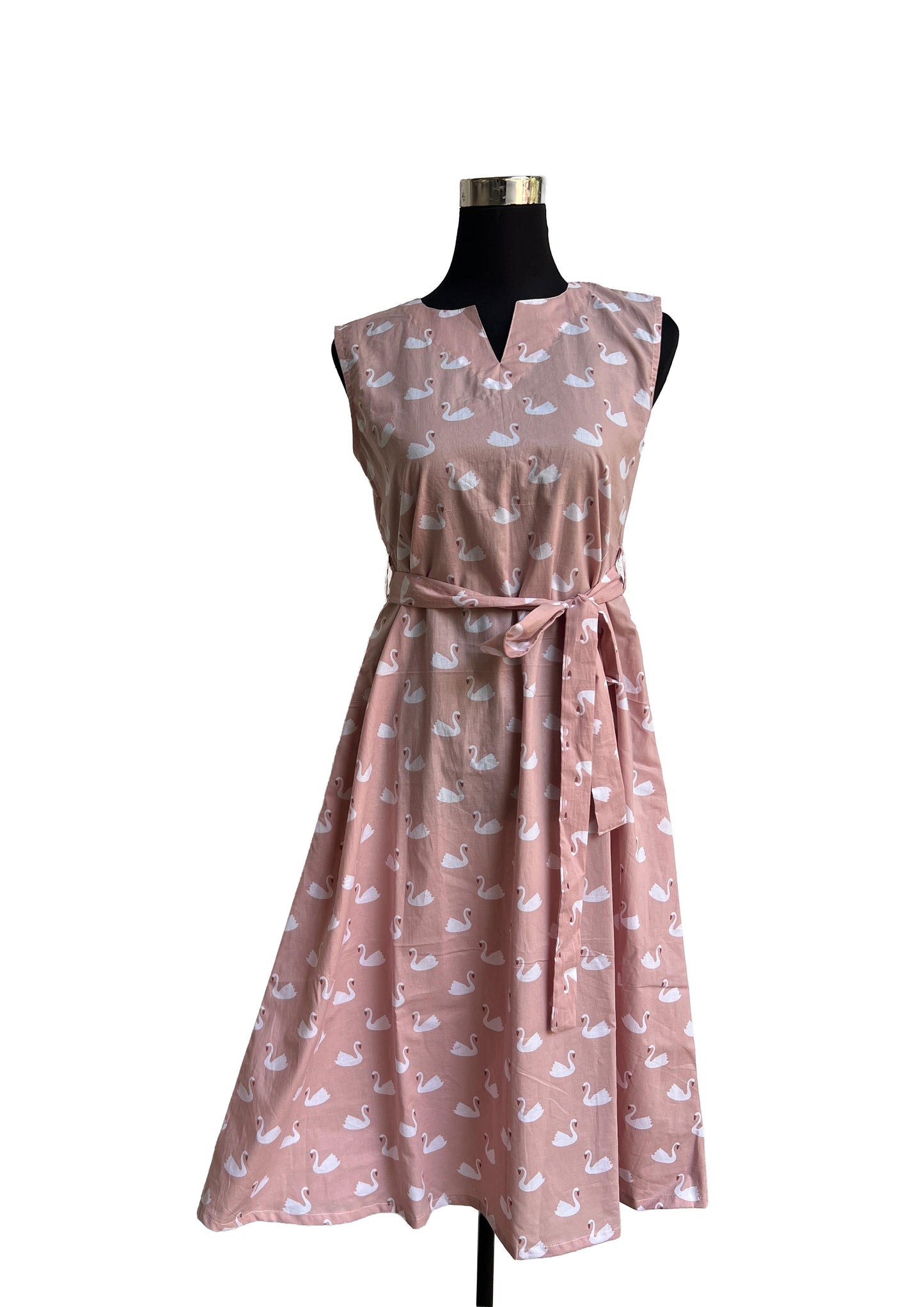 Women’s Blush Pink Swan Print Sleeveless Dress | Round Neck Long Top with Waist Tie-Ups
