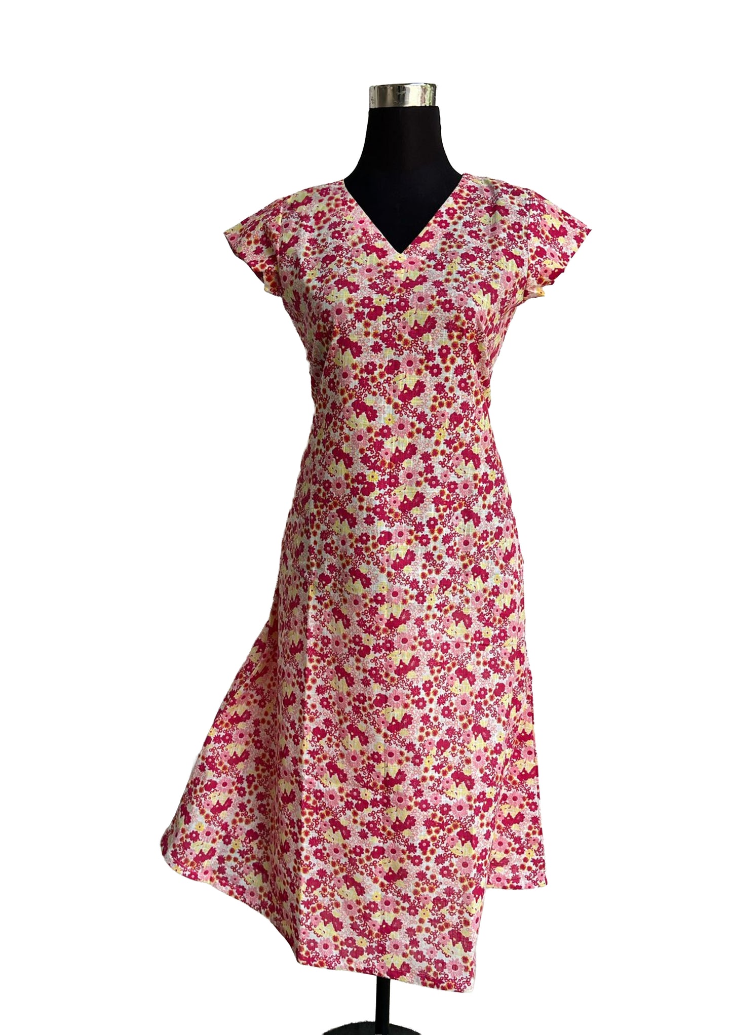 Women’s Floral Printed Cotton Midi Dress with V-Neck