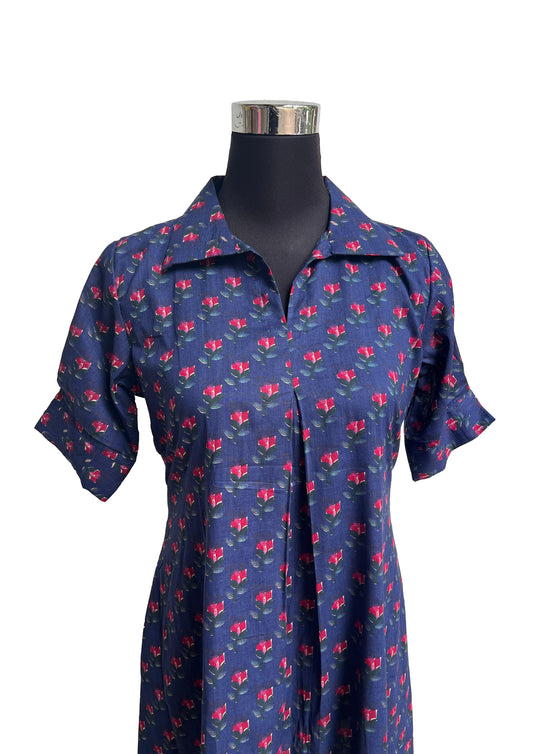 Western Collared Dress – Navy Blue Floral Print A-Line for casual