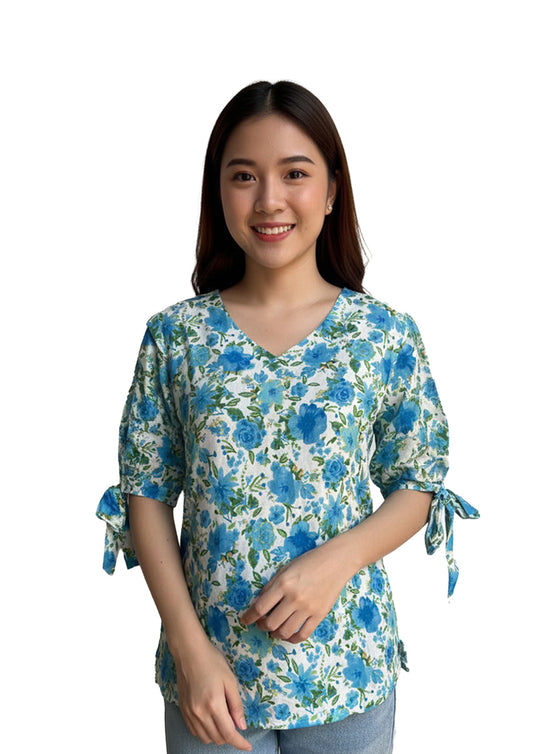 Women’s White & Blue Floral Printed Top | V-Neck Casual Top with Tie-Up Sleeves | Comfort Fit Top for Office & Daily Wear